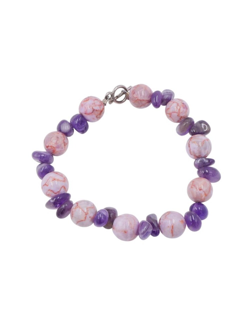 Pink Jasper & Amethyst Beaded Bracelet Toggle Clasp 8.5 Inches